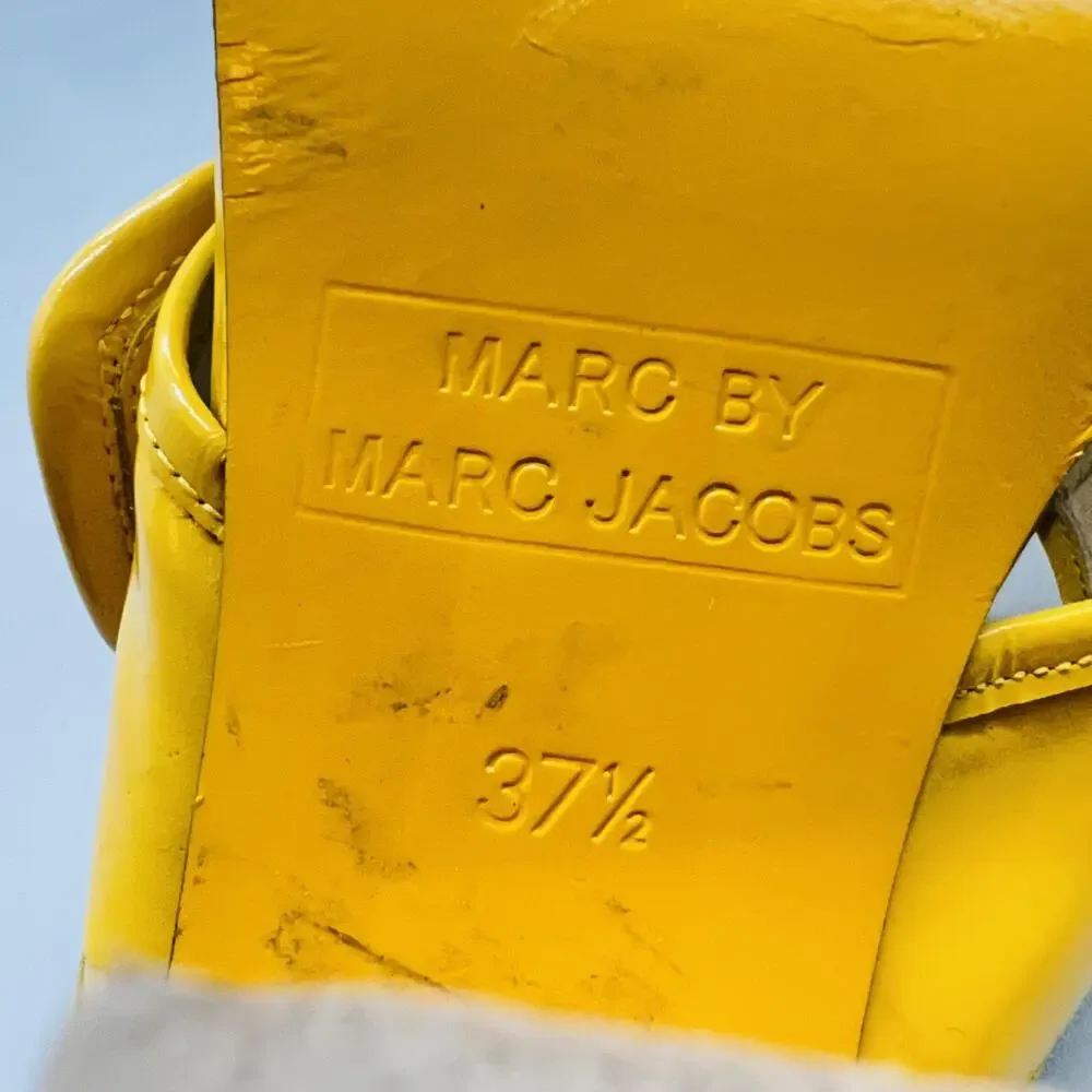 Marc By Marc Jacobs Sandals Womens 7.5 Yellow Patent Leather Slide Striped Heel